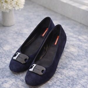 Authentic Prada Blue Suede Slip-On Loafers - Gunmetal Buckle Detail